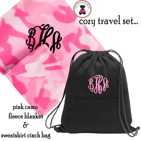 FOR HER Monogrammed Cozy Travel Set-Pink Camo Fleece Blanket & Black Sweatshirt Cinch Bag-FREE SHIP/Snuggle/Tween Gift/Birthday/Holiday Gift for Her