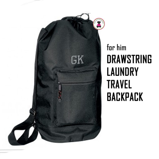 For Him Monogrammed Large Drawstring Duffle / Laundry Bag - Black - FREE SHIP /Grad Gift/Gift for Him/Groomsmen/Travel Laundry Bag
