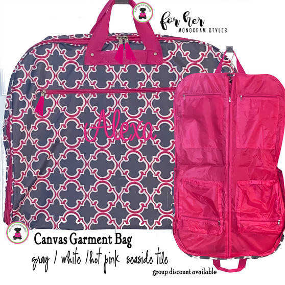 FOR HER Monogrammed Canvas Garment Bag - Pink/Gray / Seaside Tile - FREE SHIP/Group Discount/Gift for Her/Suit Garment/Grad Gift/Cheer Gift / Dancer Gift  