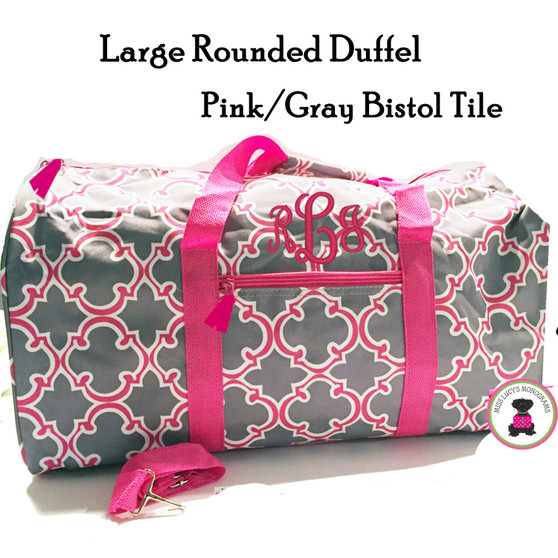  FOR HER Monogrammed Large Rounded Duffel -Pink/Gray Bristol Tile - FREE SHIP/Tween Gift/Grad Gift/ Travel Set/Gift for Her/Dance Bag/Cheer Gift/Bat Mitzvah Gift/Flower Girl Gift