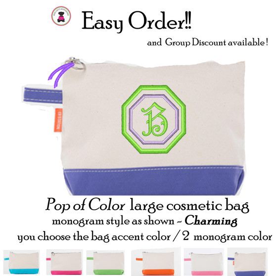 FOR HER Easy Order Pop of Color Canvas Cosmetic Bag- Charming -FREE SHIP/Tween/Summer Camp/Grad Gift/Gift for Her/Team Gift/Flower Girl