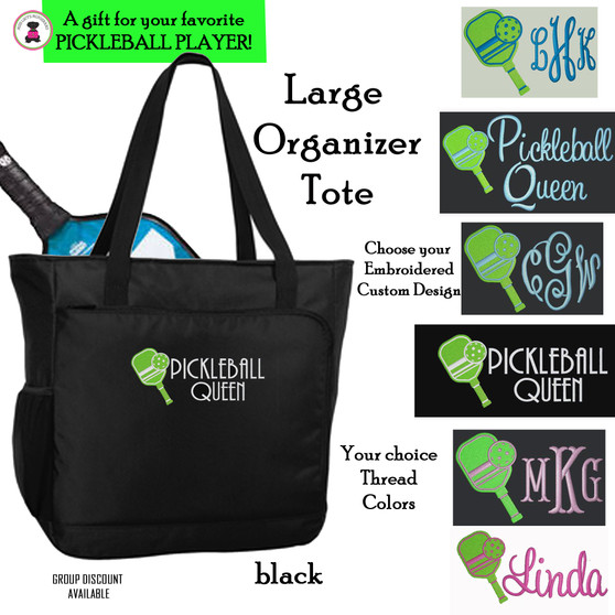 Pickleball Custom Design FOR HER Large Organizer Laptop Tote -Black Free Ship-Pickleball Team Gift/Pickleball Player Gift/Gift for Her/Pickleball Player
