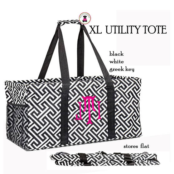 FOR HER Monogrammed XL Utility Tote / Trunk Organizer - Black and White Greek Key- Folds Flat /  FREE SHIP/Bride Gift/Grocery Tote /Grad Gift/Picnic Tote/Beach Tote/Car organizer