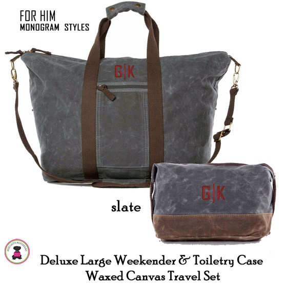 FOR HIM Monogrammed Deluxe Waxed Canvas Weekender Tote and Dopp Kit Travel Set-Slate-Free Ship/Men's Travel/Groomsmen/Father's Day/Grad Gift