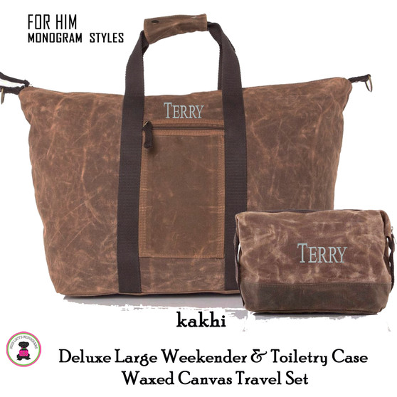 FOR HIM Monogrammed Deluxe Waxed Canvas Weekender Tote and Dopp Kit Travel Set-Kakhi-Free Ship/Men's Travel/Groomsmen/Father's Day/Grad Gift