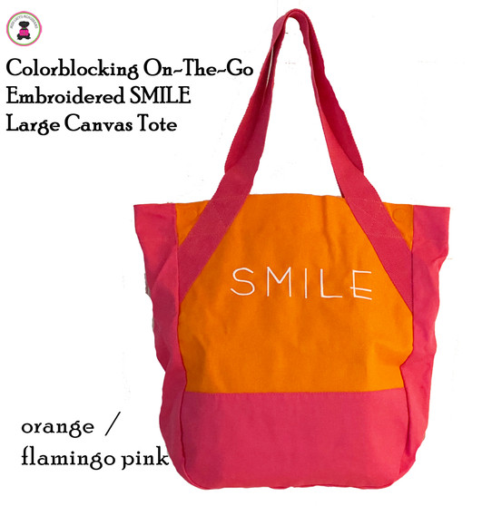 Colorblocking On-The-Go Embroidered SMILE Large Canvas Tote-Orange/Flamingo Pink-Free Ship/Friend Gift/Beach Tote/Summer Tote/Pool Bag