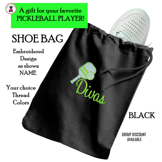 Pickleball Custom Design-FOR HER Travel Shoe Bag with Name /Team Name-BLACK-Free Ship-Pickleball Team Gift/Pickleball Player Gift/Pickleball