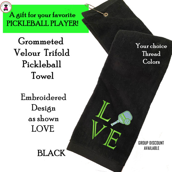 Pickleball Custom Design-FOR HER Cotton Velour Grommeted Trifold Towel w LOVE Design-Black-Free Ship-Pickleball Team Gift/Player Gift/Sport