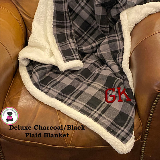 FOR HIM Monogrammed Flannel Sherpa Stadium Blanket-Charcoal/Black Plaid-Free Ship-Groomsmen Gift/Father's Day/Grad Gift/Gift for Him/Group