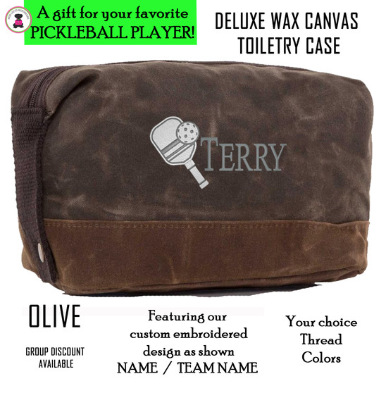 Pickleball Custom Design FOR HIM -Name - Deluxe Waxed Canvas Dopp Kit / Toiletry Case- Olive - Free Ship-Pickleball Team Gift/Pickleball Player Gift