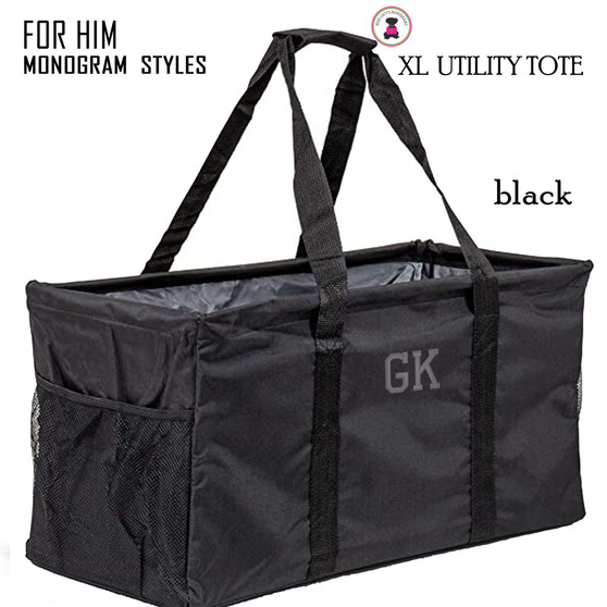 FOR HIM Monogrammed XL Utility Tote / Trunk Organizer - Black - Folds Flat / FREE SHIP/Bride Gift/Grocery Tote /Grad Gift/Picnic Tote/Beach Tote/Car organizer/Tailgate Tote