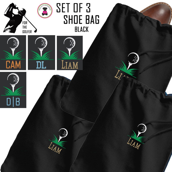 For the Golfer - Monogrammed Set of 3 Shoe Bags for Travel with Golf Design2  - Black - FREE SHIP / Men's Travel /Men's Shoe Bag/Groomsmen Gift /Father's Day Gift/Grad Gift/Golfer Gift/Golf Team Gift