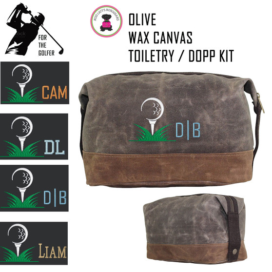 For the Golfer  Monogrammed Large Waxed Canvas Toiletry Case with Golf Design 2 -Olive-FREE SHIP-Groomsmen Gift/Father's Day Gift/Grad Gift/Gift for Him/Group Discount/Golfer Gift/Golf Team Gift 