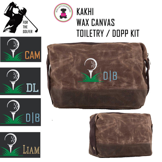 For the Golfer  Monogrammed Large Waxed Canvas Toiletry Case with Golf Design 2 -Kakhi -FREE SHIP-Groomsmen Gift/Father's Day Gift/Grad Gift/Gift for Him/Group Discount/Golfer Gift/Golf Team Gift 
