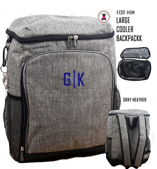 FOR HIM Monogrammed Large Insulated Cooler Backpack-Gray Heather-Free Ship/Group Gift/Teacher Gift/Insulated Tote/Groomsmen Gift/Picnic Tote