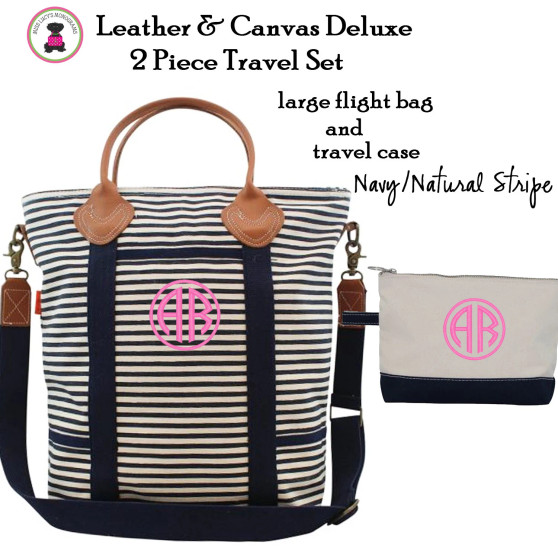 Travel Set w Monogram-2 Piece-Tote/Travel Case-Navy/Natural Stripe-Leather & Canvas-Free Ship.Tote Travel Set.Bridesmaid Gift.Grad Gift.Flight Bag