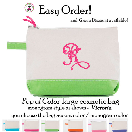 Cosmetic Bag-Easy Order Pop of Color-Victoria Initial-FREE SHIP.Cosmetic Bag.Summer Camp.Grad Gift.Birthday Gift.Team Gift.Flower Girl