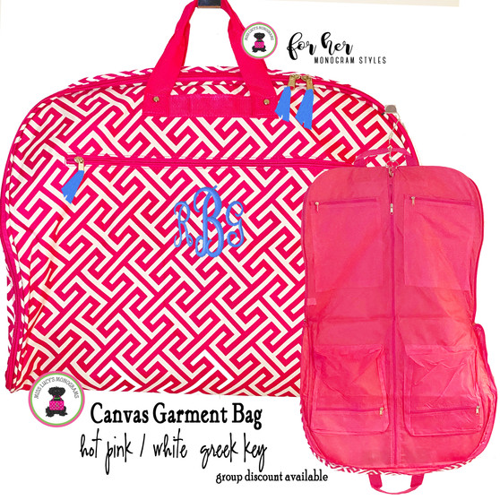 FOR HER Monogrammed Canvas Garment Bag - Hot Pink & White Greek Key  - FREE SHIP/Garment Bag / Monogrammed Garment Travel Bag/Teen Dress Bag/Dress Bag/Dancer Garment Bag /Flower Girl/Bat Mitzvah  