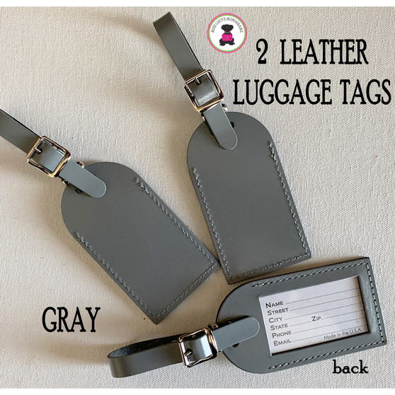 Two Leather Luggage Tags- GRAY -FREE SHIP.Bag Tag.Friend Gift.Bag Tag.Hostess Gift.Backpack Tag.Carry On Tag. Vacation Gift.