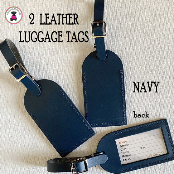  Two Leather Luggage Tags- NAVY -FREE SHIP.Bag Tag.Friend Gift.Bag Tag.Hostess Gift.Backpack Tag.Carry On Tag. Vacation Gift.