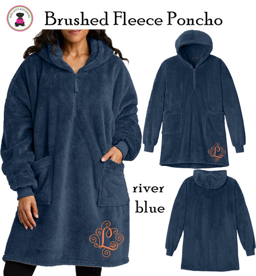 Monogrammed Brushed Fleece Hooded Poncho-River Blue-FREE SHIP/College Gift/Outdoor Blanket/Cozy Blanket/Christmas Gift/Gift for Her