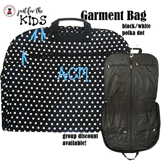 Garment Bag-Black/White Polka Dots with  Kid’s Monogram.Free Ship.Tween Gift.Flower Girl.Bat Mitzvah Gift.Dancer Dress Bag. Cheer Travel Bag