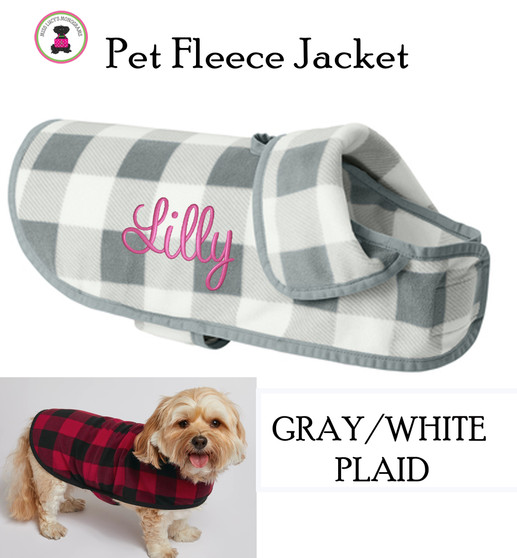 Monogrammed Pet's Lightweight MicroFleece  Jacket -Gray / White Buffalo Plaid -FREE SHIP/Gift for Pet / Dog Walking Jacket / Dog Walk Jacket / Fleece Dog Jacket / Plaid Pet Jacket / Pet Owner Gift 