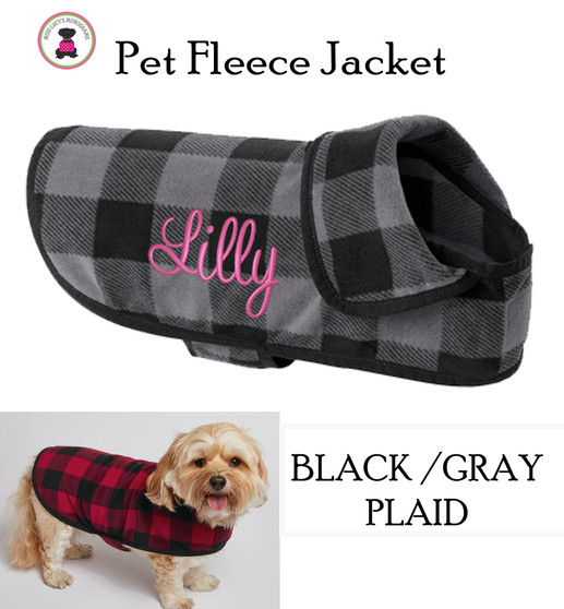 Monogrammed Pet's Lightweight MicroFleece Jacket -Black / Gray Buffalo Plaid -FREE SHIP/Gift for Pet / Dog Walking Jacket / Dog Walk Jacket / Fleece Dog Jacket / Plaid Pet Jacket / Pet Owner Gift 