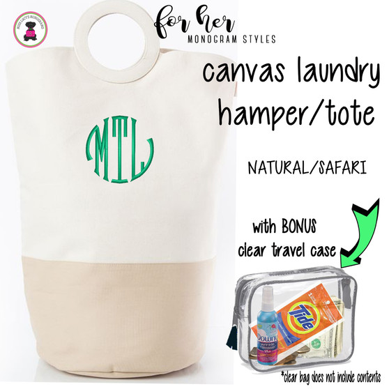 FOR HER Monogrammed Circle Handle Canvas Deluxe Laundry Bag -Natural/SAFARI  /Free Ship/ Ladies' Travel / Grad Gift/ Gift for Her/ Dorm Life / Laundry Bag