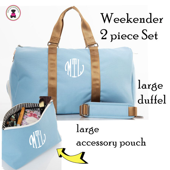 FOR HER Monogrammed Travel Set-2 Piece Sky Blue Weekender Set. Free Ship.Duffel Travel Set.Flower Girl Gift.Grad Gift.Bat Mitzvah Gift.Vacation Travel.Overnight Travel