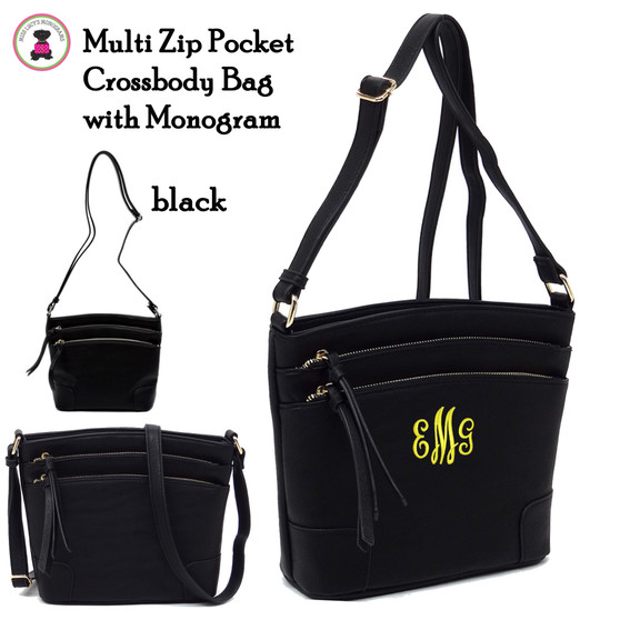 Multi Zip Compartment Crossbody w Monogram-Black-Free Ship.Gift for Her.College Crossbody.Personalized Handbag.Teenage Crossbody.Vegan Bag. Ladies' Bag.Shoulder Handbag