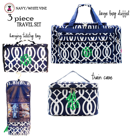 FOR HER Monogrammed 3 Piece Travel Set- Navy/White Vine-Free Ship.College Travel. Dancer Travel Set.Flower Girl Gift.Grad Gift.Cheer Travel Set.Bat Mitzvah Gift