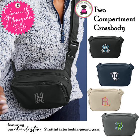 Two Compartment Belt Bag with Specialty CHARLESTON Monogram-4 Colors-Free Ship.Gift for Her.College Travel.Vacation Bag.Tween Crossbody.Bat Mitzvah Gift.