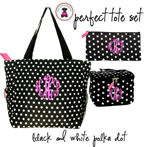FOR HER Monogrammed Perfect Tote Travel Set - 3 Piece - Black / White Polka Dot-FREE SHIP/ladies' Travel Set/Gift for Her/Bridesmaid Gift/Flower Girl Gift/Dancer Gift/Grad Gift