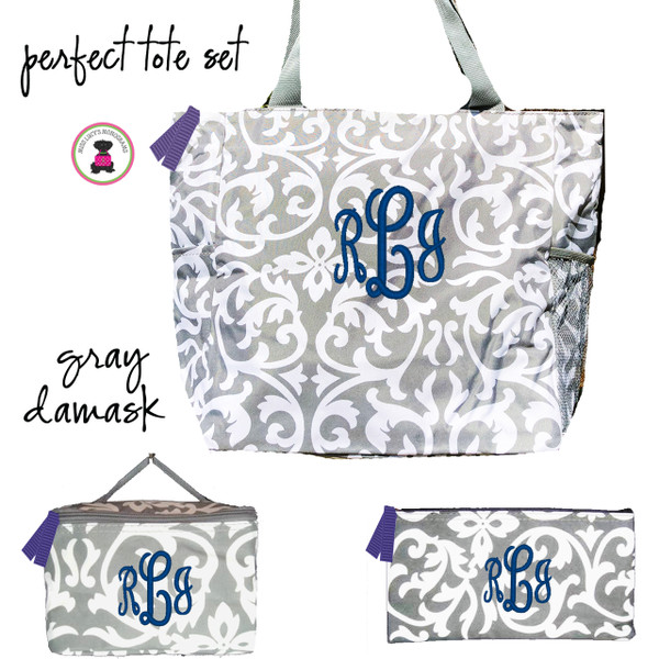 FOR HER Monogrammed Perfect Tote Travel Set - 3 Piece - Gray / White Damask-FREE SHIP/ladies' Travel Set/Gift for Her/Bridesmaid Gift/Flower Girl Gift/Dancer Gift/Grad Gift