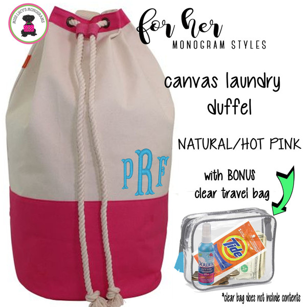 FOR HER Monogrammed Canvas Deluxe Laundry Drawstring Duffel-Natural/Hot Pink /Free Ship/Ladies' Travel /Grad Gift/Gift for Her/Laundry Bag