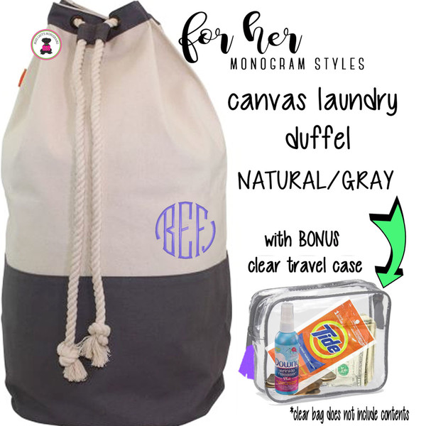 FOR HER Monogrammed Canvas Deluxe Laundry Drawstring Duffel-Natural/GRAY - Free Ship/Ladies' Travel /Grad Gift/Gift for Her/Laundry Bag