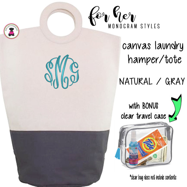 FOR HER Monogrammed Circle Handle Canvas Deluxe Laundry Bag -Natural/GRAY /Free Ship/Ladies' Travel /Grad Gift/Gift for Her/Laundry Bag