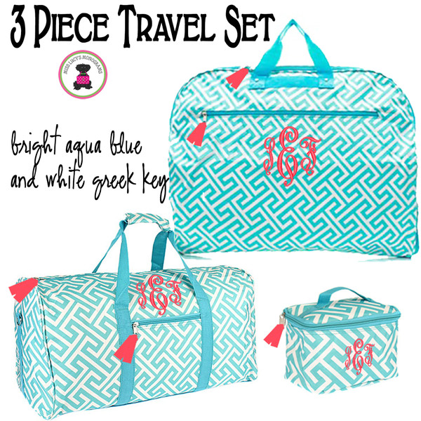 FOR HER Monogrammed 3 Piece Travel Set- Greek Key- Aqua / White- FREE SHIP /ladies' Travel Set/Gift for Her/Bridesmaid Gift/Flower Girl Gift/Dancer Gift/Grad Gift/Tween Gift / Sweet 16 / Bat Mitzvah Gift