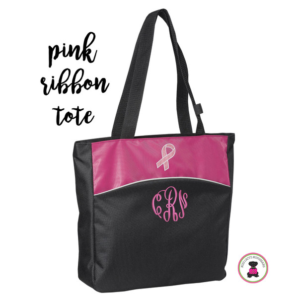 FOR HER Pink Ribbon Monogrammed Large Tote - Black/Pink- FREE SHIP /Breast Cancer Survivor Gift /Pink Ribbon/Think Pink
