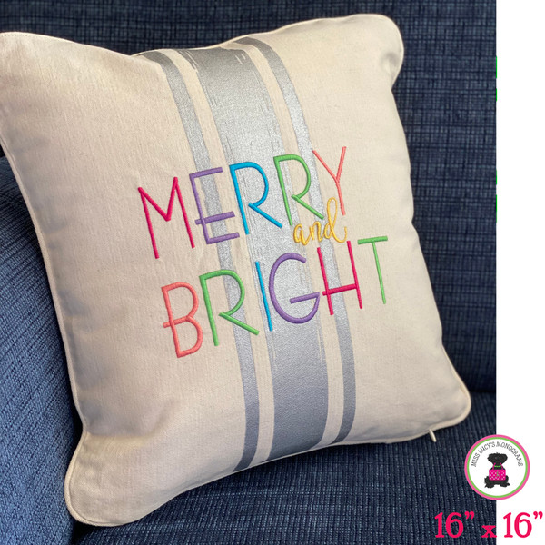 MERRY and BRIGHT 16" x 16" Embroidered Decorative Pillow-Natural/Silver Metallic Brushstripe-FREE SHIP/Family Christmas Gift/Christmas Gift/Chirstmas Decor/Hostess Gift