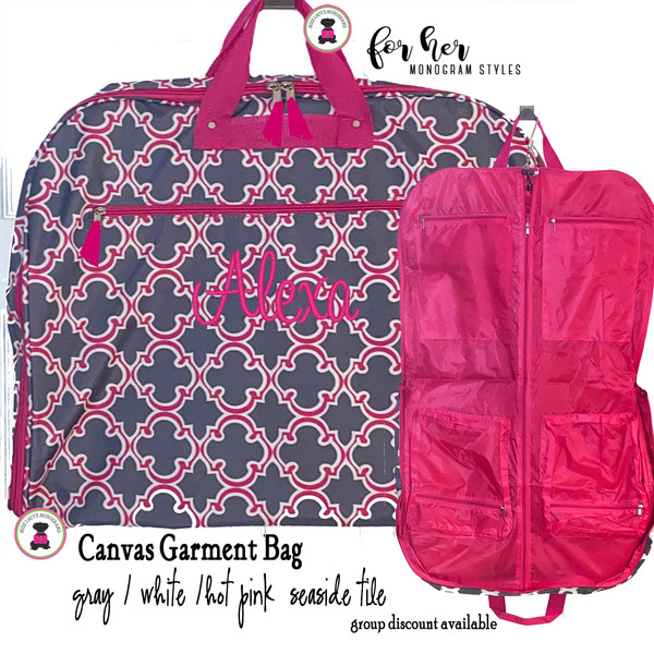 FOR HER Monogrammed Canvas Garment Bag - Pink/Gray / Seaside Tile - FREE SHIP/Group Discount/Gift for Her/Suit Garment/Grad Gift/Cheer Gift / Dancer Gift  