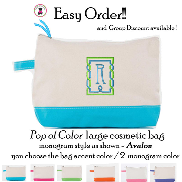 FOR HER Easy Order Pop of Color Canvas Cosmetic Bag- Avalon-FREE SHIP/Tween/Summer Camp/Grad Gift/Gift for Her/Team Gift/Flower Girl