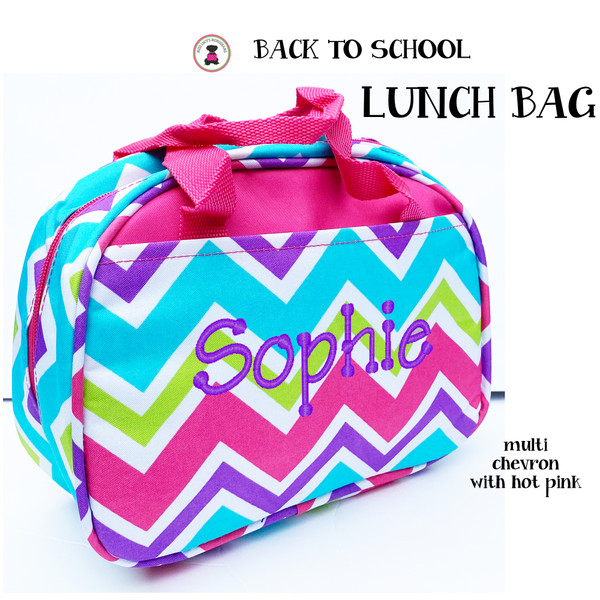 FOR HER Monogrammed Insulated Lunch Tote - Multi Chevron with Hot Pink Trim - FREE SHIP/lunch bag/ back to school/ teacher gift/teacher lunch bag 
