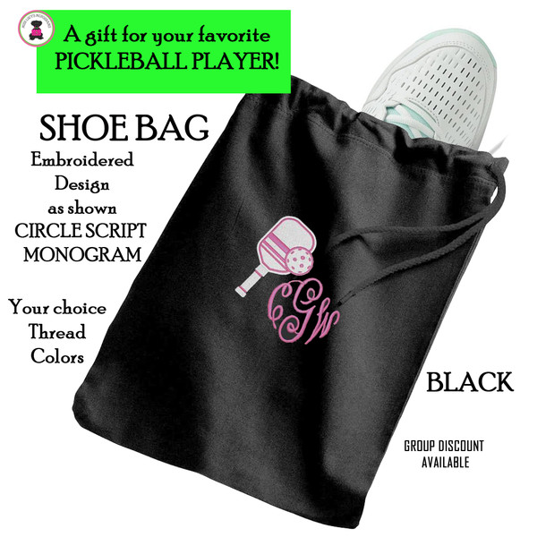 Pickleball Custom Design-FOR HER Travel Shoe Bag with CIRCLE SCRIPT Monogram-BLACK-Free Ship-Pickleball Team Gift/Pickleball Player Gift/Pickleball