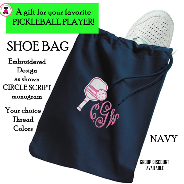 Pickleball Custom Design-FOR HER Travel Shoe Bag with CIRCLE SCRIPT Monogram-NAVY-Free Ship-Pickleball Team Gift/Pickleball Player Gift/Pickleball