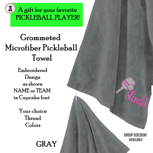 Pickleball Custom Design-FOR HER Microfiber Grommeted Sport Towel with Name /Team Name-Gray-Free Ship-Pickleball Team Gift/Player Gift