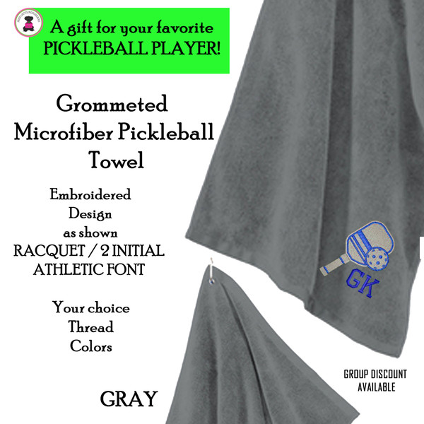 Pickleball Custom Design-FOR HIM Microfiber Grommeted Sport Towel with Name /Team 2 Initial Athletic Font-Gray-Free Ship-Team Gift/Player