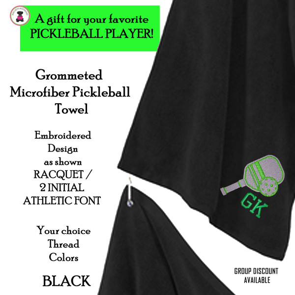 Pickleball Custom Design-FOR HIM Microfiber Grommeted Sport Towel with Name /Team 2 Initial Athletic Font-Black-Free Ship-Team Gift/Player