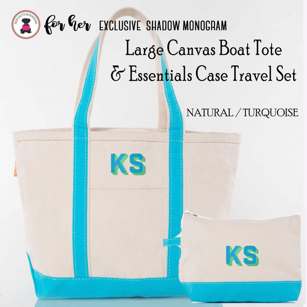 FOR HER Large Natural/Turquoise  Boat Tote & Essentials Case Travel Set w Shadow Monogram-FREE SHIP/Grad Gift/Bridesmaid Gift/ Bride Gift/Mom Gift/Teacher